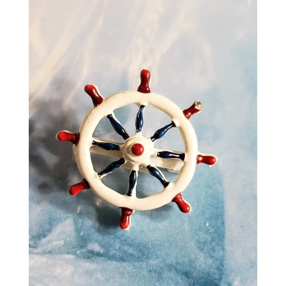 Small Vintage Nautical Pin Red‎ White Blue Enamel Ships Wheel Brooch sob-